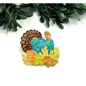 Thanksgiving Turkey Enamel Brooch Pin With Fall Leaves Design